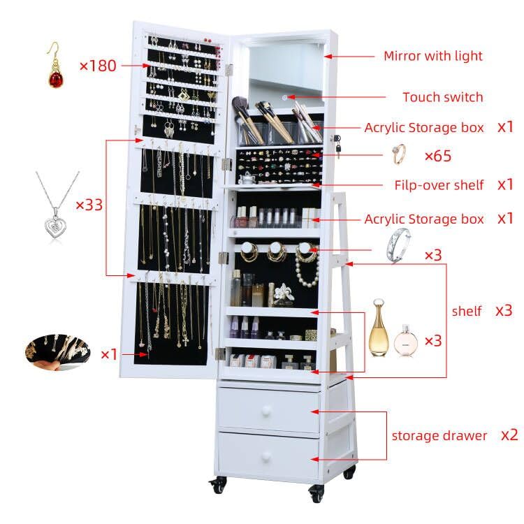 Jewelry Cabinet Standing Mirror with Drawers Wheels Full Length Mirror Jewelry Storage with Touch Screen Vanity Mirror Rotatable Jewelry Armoire Organizer with Lock White Christmas Gift for Women MASMIRE