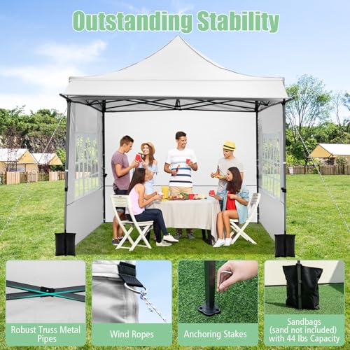Tangkula 10x10 FT Pop Up Canopy, Outdoor Tent with 3 Sidewalls & Awning, Wheeled Bag, 4 Sandbags, 8 Stake, 4 Ropes, Portable Canopy Tent for Party Picnic Event Beach Camping (White) Tangkula