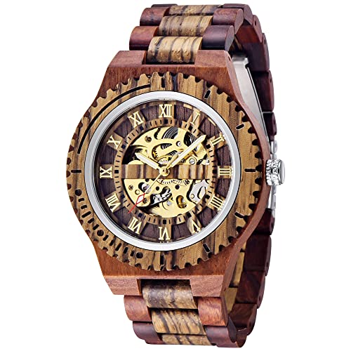 Dentily Automatic Movement Wooden Watch Skeleton Wood Watch Self-Winding Watches for Men Dentily