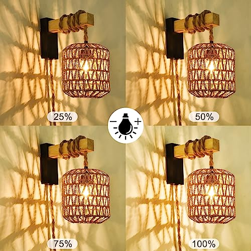 Capslad Plug in Wall Sconces Set of Two Dimmable Boho Rattan Wall Lamp with Wood Arm Rustic Wall Mount Lamp with Hemp Rope Cord Farmhouse Wall Light Fixture for Bedroom Living Room Hallway Entryway Capslpad