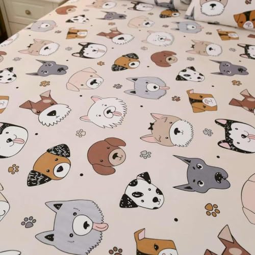 SDY 3PCS Dog Fitted Sheet, Doggy Print Pattern Bedding Sheet Full with Deep Pocket Fitted Sheet & 2 Pillowcases, Soft and Trendy, Kawaii Animals Cartoon Sheet for Boys, Girls and Teens, Full SDY