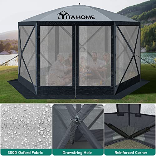 YITAHOME 12x12ft Camping Gazebo, Portable Pop Up Canopy Outdoor Screen Tent 6 Sided with Mesh Windows and Carry Bag for Camping, Picnic, Backyard Party Outside Activities, Gray YITAHOME