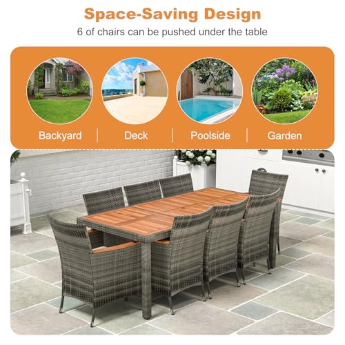 HAPPYGRILL 9 Pieces Outdoor Dining Set, Acacia Wood and Rattan Furniture Set with 1 Large Rectangular Table and 8 Chairs with Cushions, Patio Wicker Dining Table and Chairs Set HAPPYGRILL