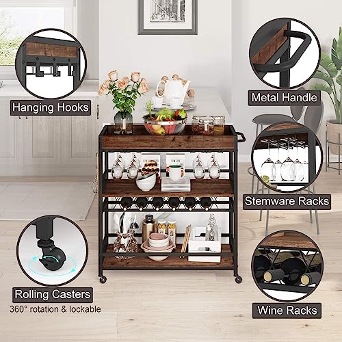 BON AUGURE Bar Cart for The Home, Rolling Home Bar Serving Cart on Wheels, 3 Tier Liquor Beverage Cart for Home Bar with Wine Rack and Glass Holder, Rustic Oak BON AUGURE