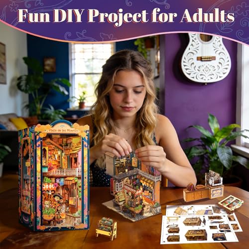 Fsolis Book Nook Kit Día De Muertos - 3D Wooden Puzzles for Adults DIY Miniature House Bookshelf Decor Decorative Bookends Gifts for Women Book Lovers (Plaza de Los Muertos)