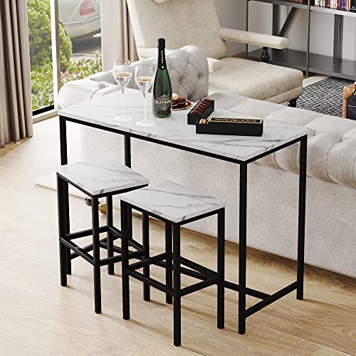 Yongchuang Modern 3-Piece Bar Table and Stools Set in White Faux Marble with Black Metal Frame Yongchuang