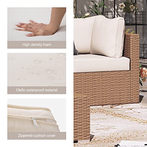 LAUSAINT HOME Outdoor Patio Furniture, 7 Piece Patio Furniture Set PE Rattan Sectional Conversation Sets with Thick Cushions & Wood-Like Coffee Table for Garden, Porch(Beige/Brown Wicker) LAUSAINT HOME
