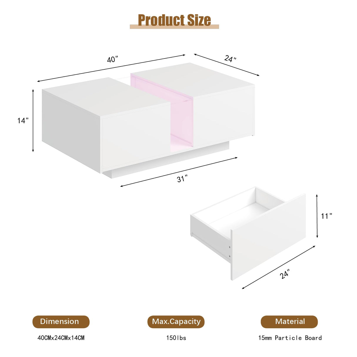 HedoAjim White Led Coffee Table for Living Room, Rectangular Living Room Table with Storage, Acrylic Coffee Tables with 2 Sliding Drawers, Wood Center Table for Reception Dinning Room HedoAjim