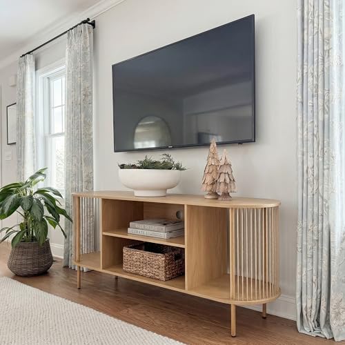 Brafab Oval Boho TV Console with Hand-Woven Ropes, Mid-Century Modern TV Stand for up to 60" with Storage Adjustable Shelf and Sturdy Steel Legs, Natural Wooden Entertainment Center for Living Room Brafab