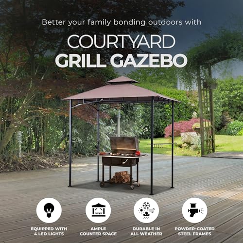 Four Seasons Courtyard BBQ Grill Gazebo with LED Lights, 2 Glass Shelves, and Powder Coated Steel Frame for Backyard Lawn and Outdoor Use, Brown Four Seasons Courtyard