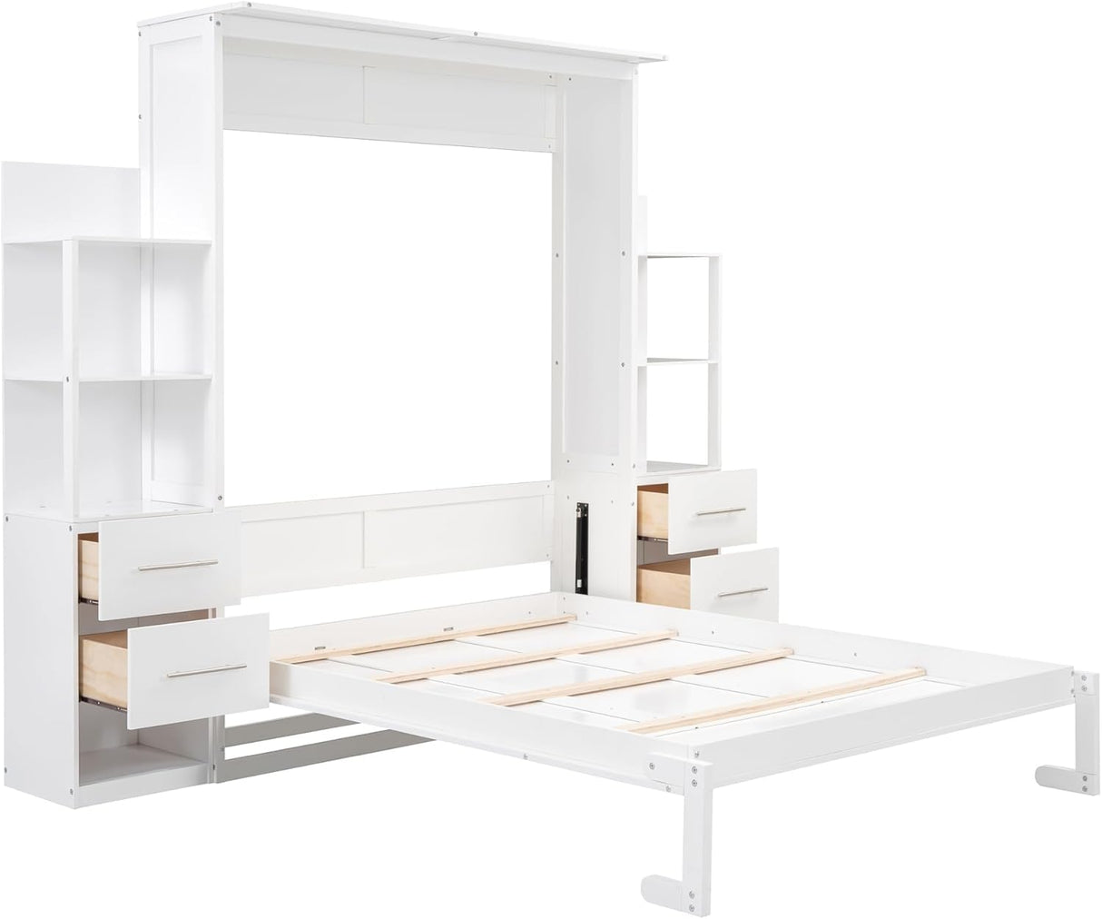 MERITLINE Queen Murphy Bed with Storage Drawers,LED Lights and Shelves,Wood Murphy Wall Bed Cabinet for Adults (White) MERITLINE