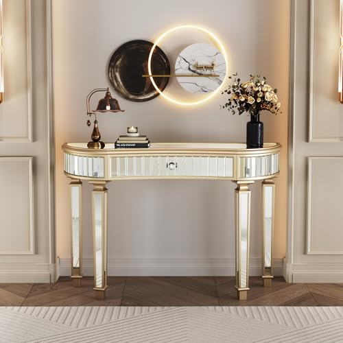 Mcltopz 47" Gold Mirrored Console Table, Half-Moon Sofa Table with with Fluted Glass & Crystal Knob Drawer, Modern Luxury Entryway Vanity Desk Mirrored Furniture with Sturdy Wooden Frame for Bedroom Mcltopz