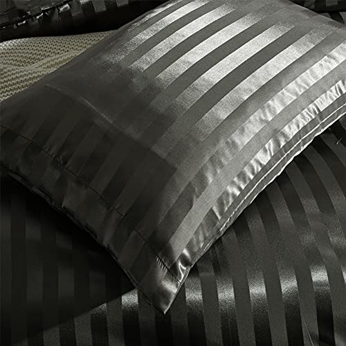 RevenRella 3 Piece Satin Duvet Cover Set Bedding Sets Italian Style 1800 Series Luxury Rich Silk Silky Super Soft Stripes Hidden Zipper Closure Reversible Wrinkle Free Honeymoon(Grey, King) RevenRella