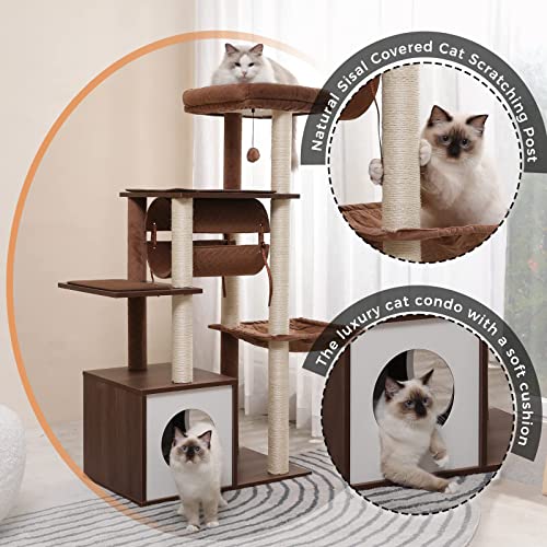 PEQULTI 51.4 Inches Modern Cat Tree Premium 6 Levels Wooden Cat Tower with Fully Sisal Covered Scratching Posts, Cozy Condo, Spacious Perch, Super Large Hammock and Swing Tunnel for Indoor Cats Brown PEQULTI