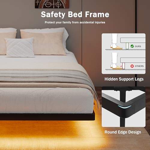 GalnFu Queen Floating Bed Frame with LED Lights and Charging Station, Metal Platform Bed Frame with Heavy Duty Steel Slats Support, No Box Spring Needed, Noise-Free, Easy Assembly GalnFu