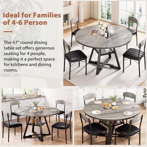 Round Dining Table Set for 4, Kitchen Table and Chairs for 4, Circle Table Round Pedestal Dining Room Dinner Dinette Table Set,5 Piece Space Saving Wood Kitchen & Dining Room Tables (Grey, 42In) Jocoevol