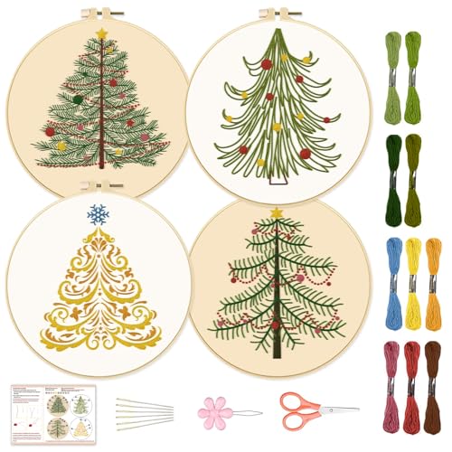 BEUNITONE 4PCS Christmas Tree Embroidery Kit Merry Christmas Stamped Snowflake Pine Tree Needlepoint Kit DIY Adult Beginner Stamped Cross Stitch Kit with Patterns and Instructions