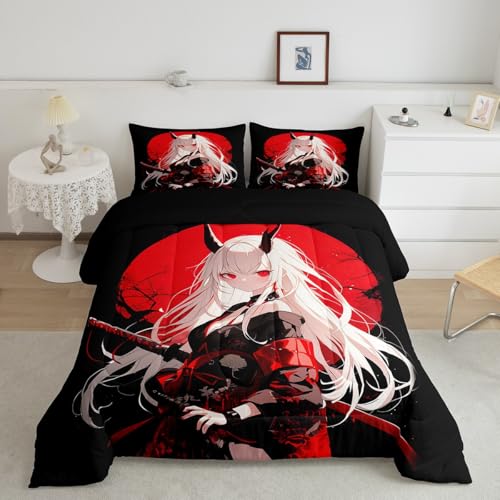 Erosebridal Twin Japanese Anime Bedding Set for Kids, Anime Girl Comforter Set Kawaii Japanese Style Duvet Insert Cartoon Japan Animation Quilt for Boys Teens Adult Women Bedroom, Red Black Erosebridal
