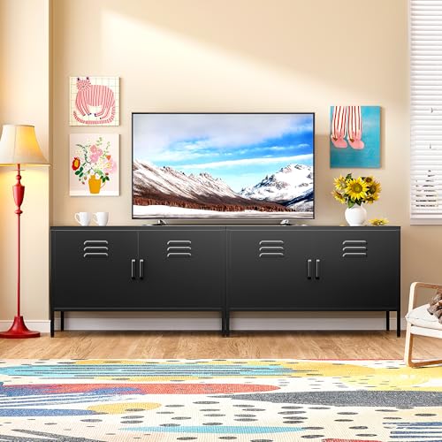 SISESOL Black Metal Storage Cabinet with Doors and Shelves,2 Door Wide Metal Locker Accent Storage Cabinet with Leg & Vent Hole,Wide TV Cabinets,Low Side Cupboard for Home,Office,Dining/Living Room SISESOL