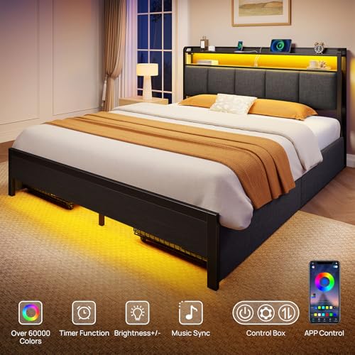 Rolanstar Bed Frame Queen Size with Charging Station and LED Lights, Upholstered Storage Headboard with Drawers, Heavy Duty Metal Slats, No Box Spring Needed, Noise Free, Easy Assembly, Dark Grey Rolanstar