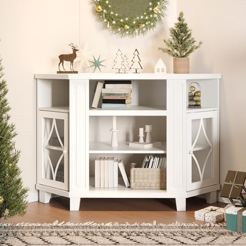 FansaFurn Corner TV Stands with 18'' Fireplace, Media Console Table with Adjustable Shelves & Acrylic Doors, Entertainment Center for TVs up to 55'', Corner Cabinet for Living Room, Bedroom, White FansaFurn
