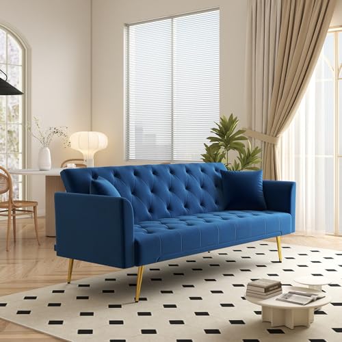 KEIKI 72" Futon Sofa Bed, 2-in-1 Loveseat, Velvet Upholstered Couches for Living Room, Sofa Sleeper for Small Space, Small Apartment Friendly Modern Home Soft Comfortable Folding Bed, Blue KEIKI