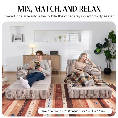 KSTNLUXQ 79" Corduroy Sofa Bed Sleeper Couch, 6-in-1 Convertible Boneless Floor Futon Loveseat, High-Density Foam Couch in a Box with 2 Headrest Pillows, No Assembly, Red and White KSTNLUXQ