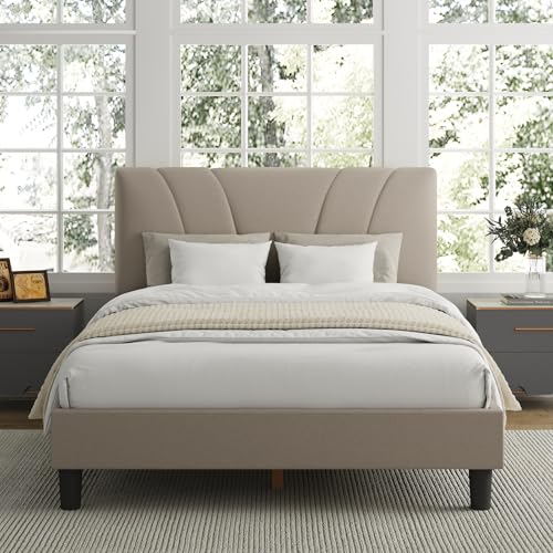 Avenco Queen Bed Frame, Upholstered Platform Bed Frame with Adjustable Headboard, Wood Slat Support, Easy Assembly, No Box Spring Needed, Beige Avenco