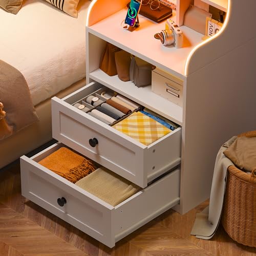 EnHomee Tall Nightstand with Charging Station and LED Lights - Stylish White Nightstand with 2 Drawers and Shelves EnHomee