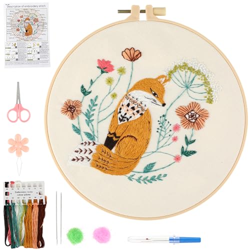 JOINRUN Beginner Embroidery Kit for Adults, Fox Cross Stitch Kits with 7.9" Hoop, Threads, Needles, Learn Stitches with Pre-Printed Patterns, Video Tutorial, DIY Needlework Craft Gift for Women
