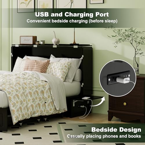 TemkTuek Queen Murphy Bed with Charging Station Cabinet Space Saving Wall Bed for Guest Room, Study, Apartment with Built in USB Ports (NOT Included Mattress) Black (13) TemkTuek