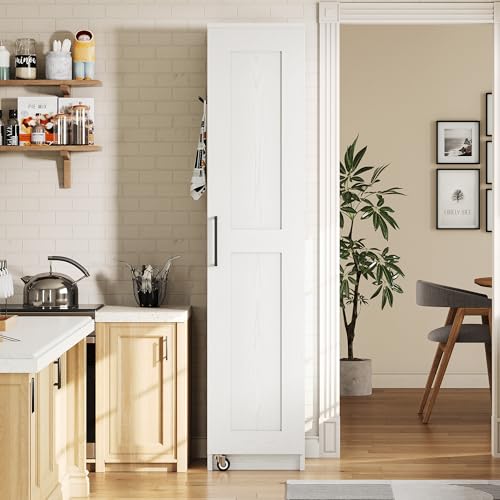 IRONCK Narrow Kitchen Pantry Storage Cabinet, 72" Slim Single Door with 6 Adjustable Shelves, Door Rack and Wheels, Space Saving Freestanding Storage Floor Cabinet for Small Place, White IRONCK