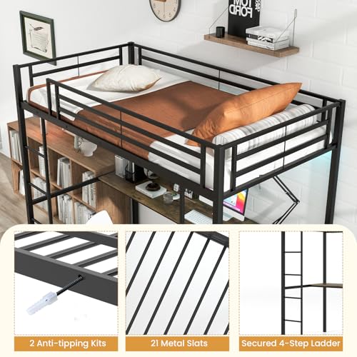 Giantex Twin Loft Bed with L-Shaped Desk, Metal Loft Bed Frame with LED Lights, Charging Station & 3 Storage Shelves, Safety Guardrail & Ladder, Loft Bed for Teens Juniors, No Box Spring Needed, Black Giantex