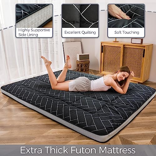 MAXYOYO Black Geometric Pattern Futon Mattress, Japanese Floor Mattress Quilted Bed Mattress Topper, Extra Thick Folding Sleeping Pad Breathable Floor Lounger Guest Bed for Camping Couch, Queen MAXYOYO