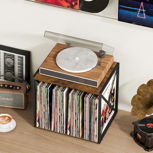 VYUOL Vinyl Record Storage,Vinyl Record Holder Up to 80-100 Albums,4-Compartment Record Player Stand for Magazine,Book,CD,Files,Albums VYUOL
