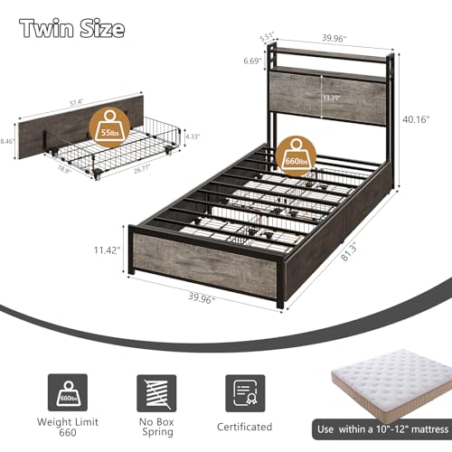 VINGLI Twin Platform Set of 2 with 4 Storage Drawers and Headboard Shelf, Metal Single Bed Frame with LED Lights and Charging Station, No Box Spring Needed, Easy Assembly, Wash Grey VINGLI
