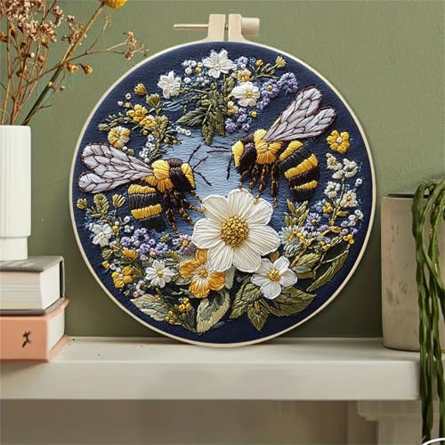 Huacan Embroidery Kit for Beginners Adults Includes Stamped Bees Pattern, Hoop, Color Threads,Tools,Easy to Follow Instruction