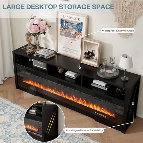 PRETZI 65" Fireplace TV Stand with 60" Glass Electric Fireplace for TVs Up to 75 inch, Modern Fireplace Entertainment Center with Open Storage Shelf, Media Console TV Cabiet for Living Room, Black PRETZI