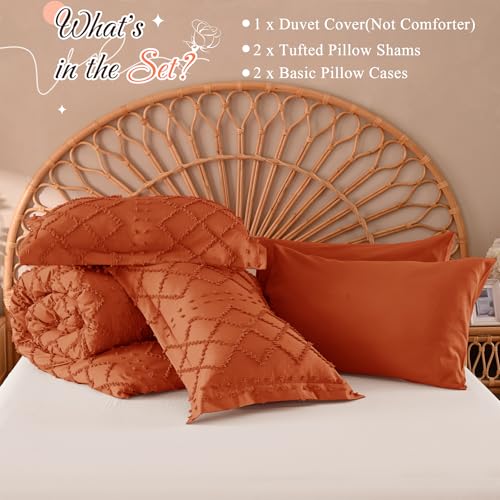 Manyshofu 5Pcs Boho Full Duvet Cover Set - Tufted Burnt Orange Duvet Cover Pattern, Shabby Chic Boho Bedding Set Textured Comforter Covers with Embroidery Pillow Shams Manyshofu