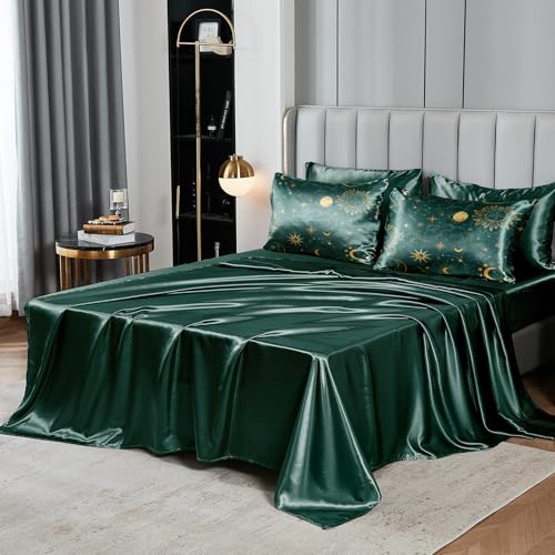 Sun and Moon Comforter Set Blue Green Satin Bedding King Stars Cloud Galaxy Comforter Mysterious Celestial Theme Silk Like Silky Bed in A Bag with Comforter and Sheets Bedorm