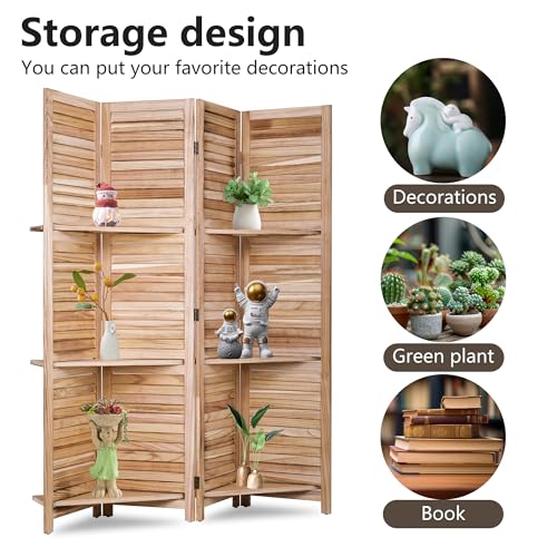 FDW 4 Panel Room Divider Folding Privacy Wooden Screen with Three Clever Shelf Portable Partition Wood Divider for Home Office, Natural Wood FDW