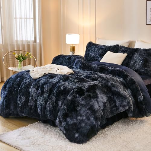 Andency Faux Fur Tie-Dyed Black Blue Comforter Set Full Size, 3 Pieces Fluffy Fuzzy Plush Bedding Comforter Set (1 Shaggy Velvet Comforter & 2 Pillowcases), Soft Puffy Down Comforter Bedding Set Andency