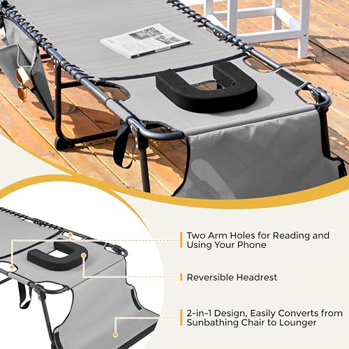 Yaheetech 26.4" Tanning Chair with Face Hole, Adjustable 5-Position Folding Chaise Lounge Chairs, Outdoor Lounge Chairs for Lawn, Beach, Patio, Gray