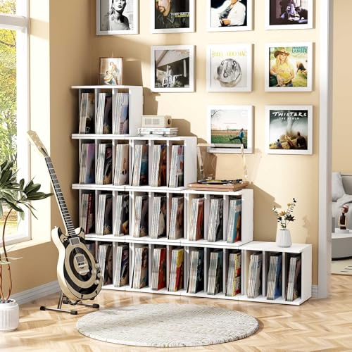 Emfogo Record Player Stand with Vinyl Record Storage, Turntable Stand Wall Mount Up to 80-100 Albums, 3-Compartment Vinyl Record Holder, White Emfogo