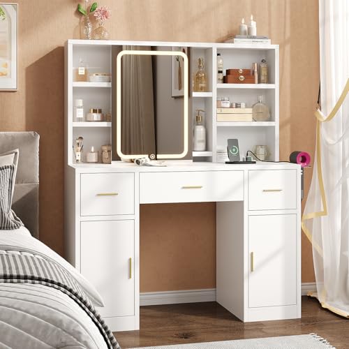 knoworld Vanity Desk with Sliding Mirror & LED Lights, Smart Makeup Table with Charging Station, Hairdryer Holder, 7 Shelves, 3 Drawers, 2 Cabinets, Vanity with Extra Hidden Stroage for Bedroom,White knoworld