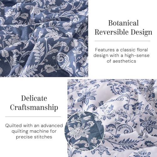 BLOOMHAVEN Quilt Set Queen Size, Oxford Blue Floral Quilt Sets, Reversible Bedspread Lightweight and Breathable for All Seasons, Soft Quilted Bedspread with 2 Pillow Shams BLOOMHAVEN