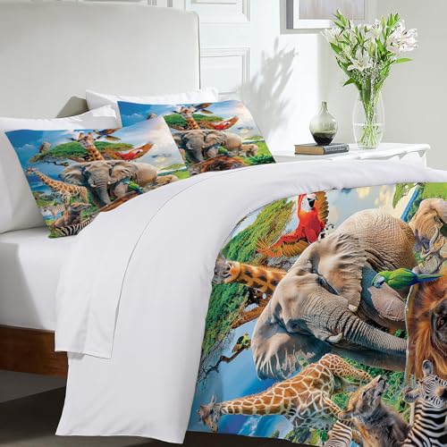 Funny Animals Bedding Set 3 Pieces Soft Lightweight Microfiber Zoo Print Bedspread Coverlet Set Jungle Elephant Giraffe Duvet Cover Twin Full Queen King Comforter Bed Set for Girls Boy Women Men exroozy
