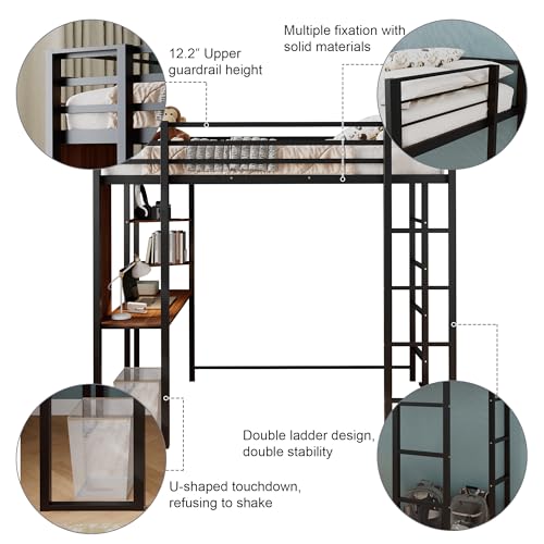 Merax Twin Metal Loft Bed with 2 Shelves and one Desk,Loft Bed Frame with 2 Built-in Laddersl,Noise Free,No Box Spring Neede,Black Merax