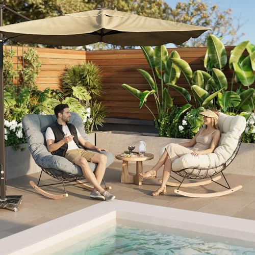 FLEXISPOT Oversized Outdoor Rocking Chair with Thick Cushioned Seat & Bonus Pillow, Modern Patio Papasan Rocker Lounge Chair with Metal Frame Wood Base Accent Chair for Porch Balcony Living Room Grey