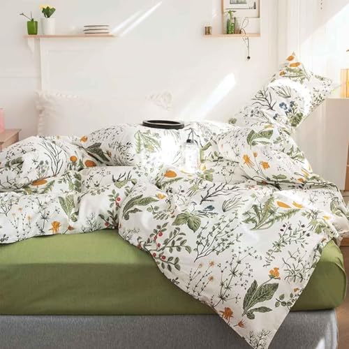 ETDIFFE Green Floral Queen Size Comforter Set, 3pc Flower Printed Soft Bedding Set, All Season Lightweight Botanical Pattern Bed Comforter, White ETDIFFE